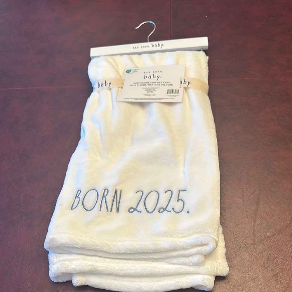 🍼Rae Dunn White Baby Blanket with Born 2025 Embroidered in Blue 🍼